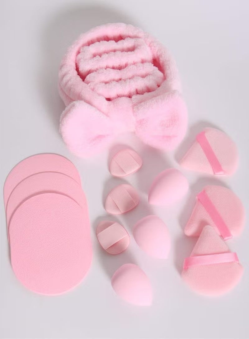 طقم نظافة مكون من 16 قطعة من رباط الرأس والمعصم، يشمل إسفنجات المكياج وبودرة مثلث الوجه، خلاط جمال للعناية بالبشرة لغسل الوجه، طقم هدايا للنساء (وردي) - Image 4